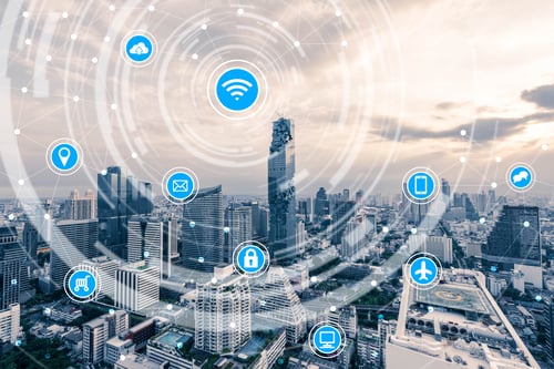 Canva - smart city and wireless communication network, IoT(Internet of Things), ICT(Information Communication Technology)